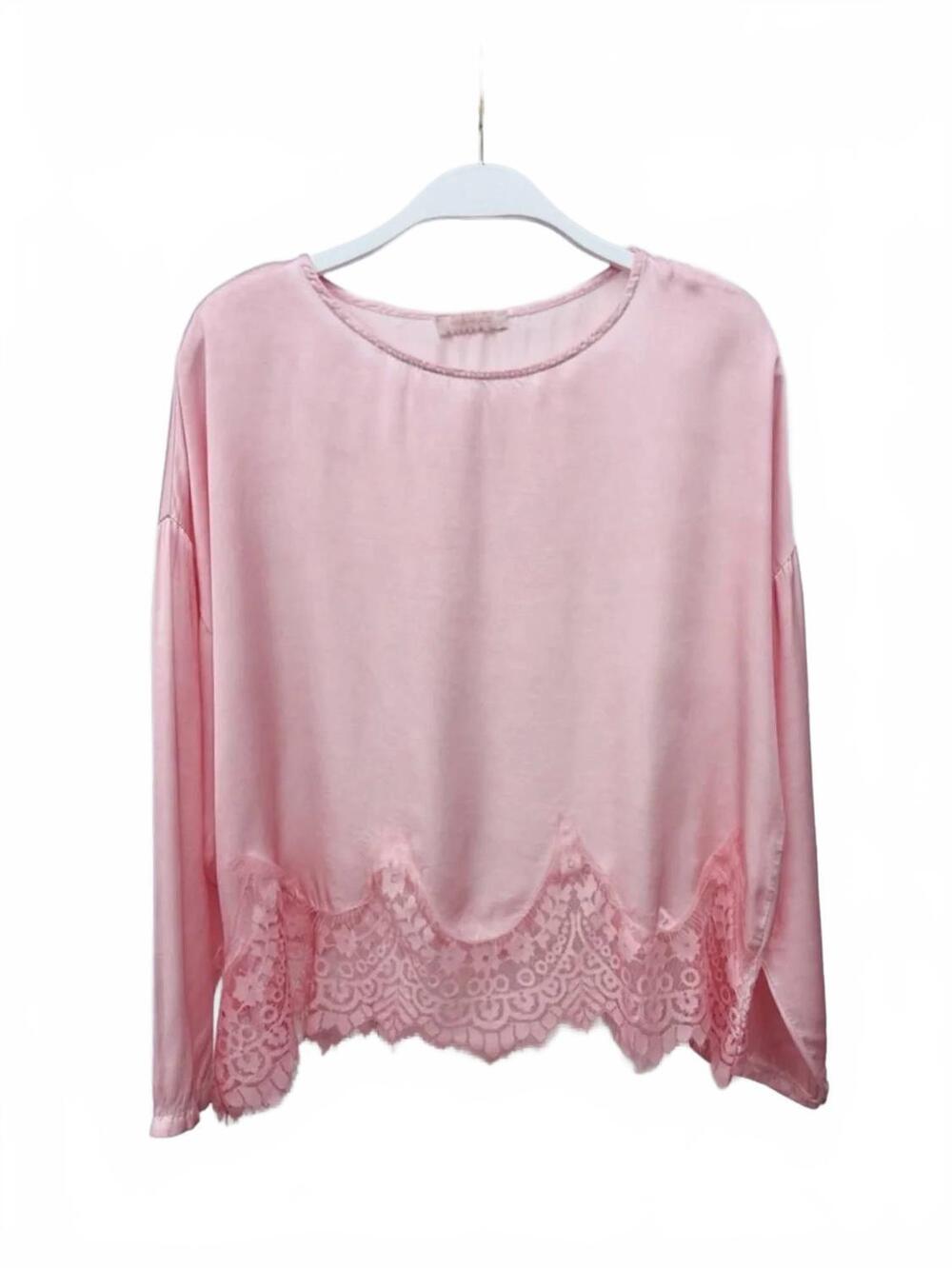 NEW MILIO MILANO women's lace hem viscose crew neck long sleeve top in pink